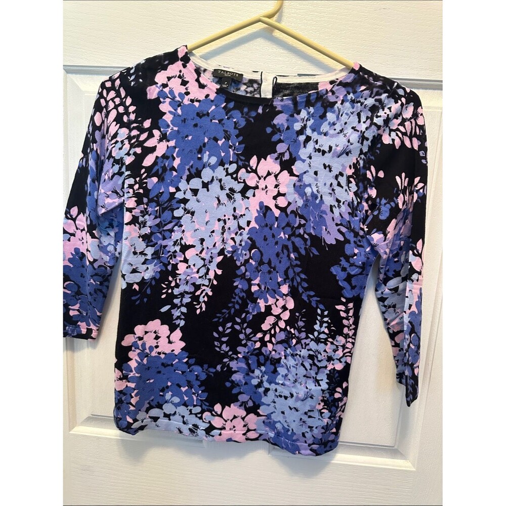 Talbots Black Long-Sleeve Floral Crewneck Top with Blue & Pink Print